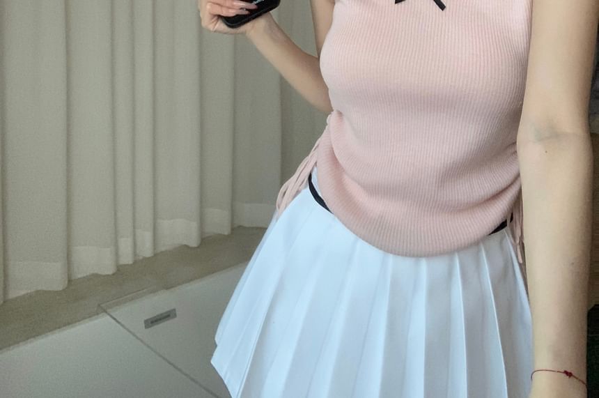 Trim Cap Sleeve Plain V-Neck Lace Top Knit Bow