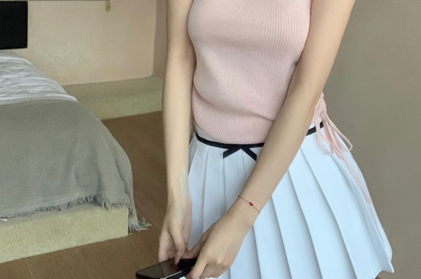 Trim Cap Sleeve Plain V-Neck Lace Top Knit Bow