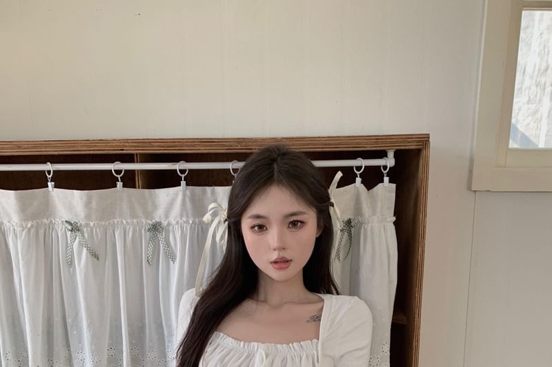 Two Plain Mock Neck Short Square Sleeve Piece Top Ruched