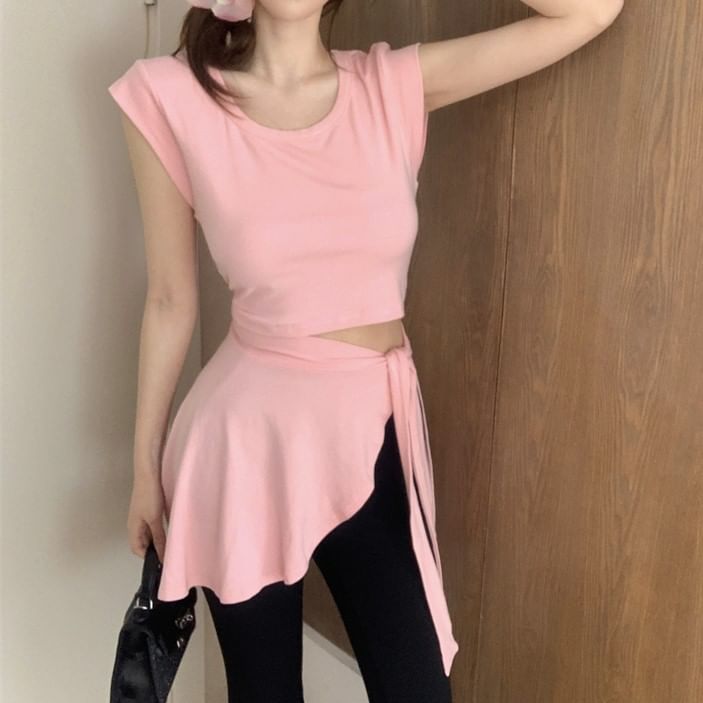 Piece Plain High Two Asymmetrical Sleeve T-Shirt / Mock Waist Flared Neck Pants Cap Crew