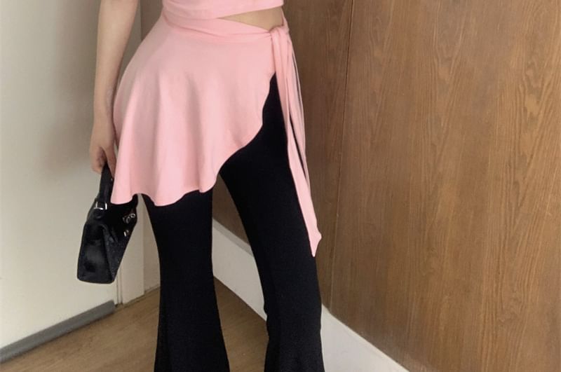 Piece Plain High Two Asymmetrical Sleeve T-Shirt / Mock Waist Flared Neck Pants Cap Crew