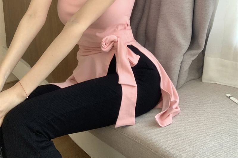 Piece Plain High Two Asymmetrical Sleeve T-Shirt / Mock Waist Flared Neck Pants Cap Crew