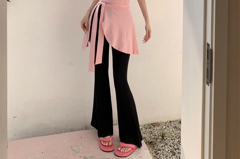 Piece Plain High Two Asymmetrical Sleeve T-Shirt / Mock Waist Flared Neck Pants Cap Crew