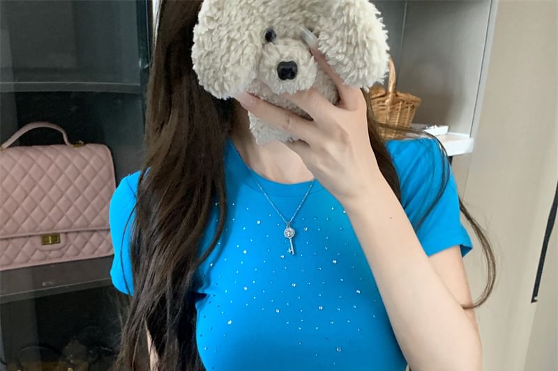 Rhinestone Round Neck Sleeve Short Plain T-Shirt