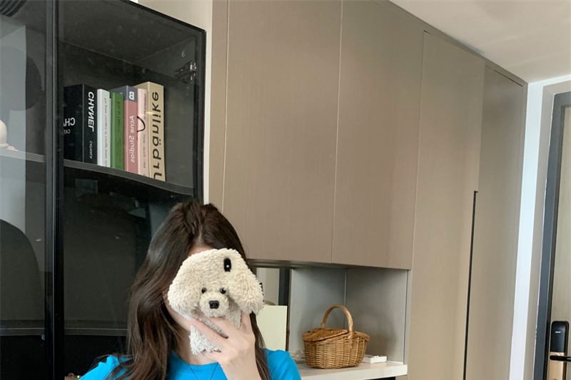 Rhinestone Round Neck Sleeve Short Plain T-Shirt