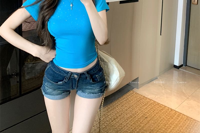 Rhinestone Round Neck Sleeve Short Plain T-Shirt