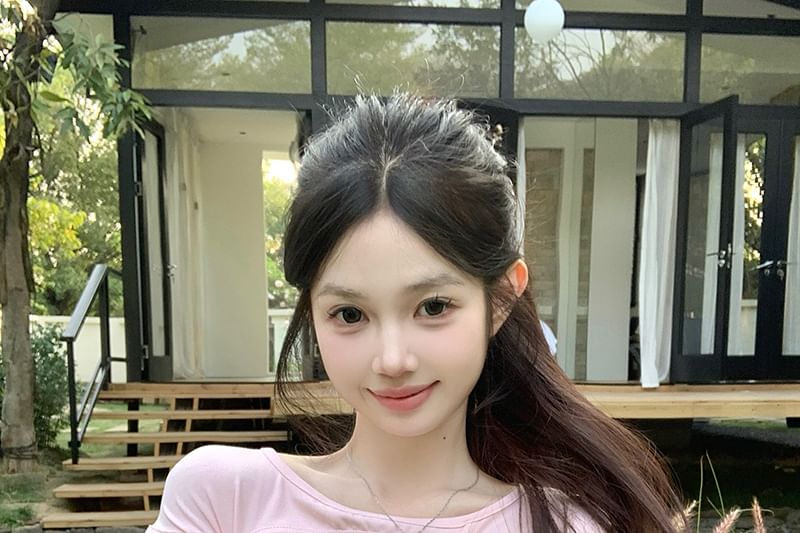 Neck Cutout Sleeve Top Plain Cap Asymmetrical