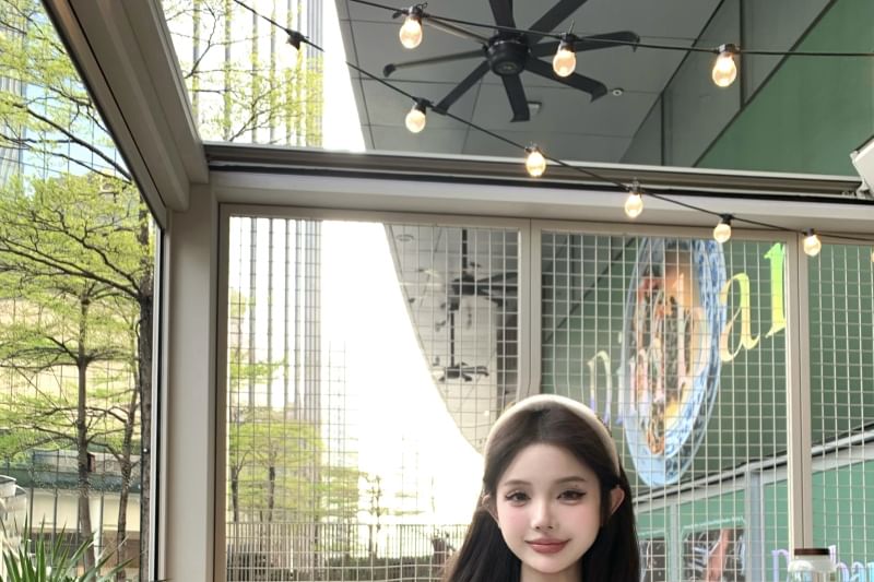 Sleeve Short High Neck Tiered Plain Lace Bow Waist Tee Scoop Shorts /