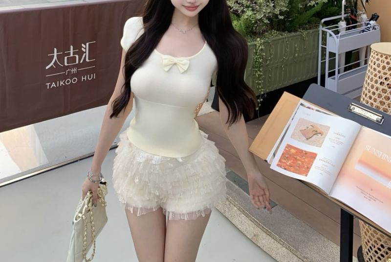 Sleeve Short High Neck Tiered Plain Lace Bow Waist Tee Scoop Shorts /