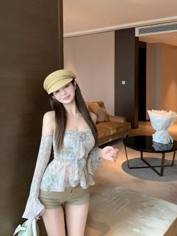 Shoulder Top Crop Floral Long-Sleeve Off Print