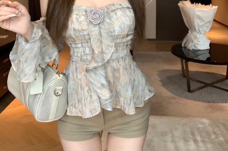 Shoulder Top Crop Floral Long-Sleeve Off Print