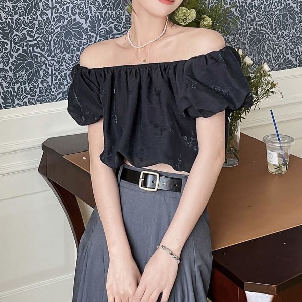 Plain Off Blouse Puff-Sleeve Crop Shoulder