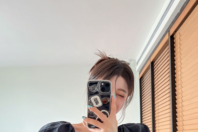 Plain Off Blouse Puff-Sleeve Crop Shoulder