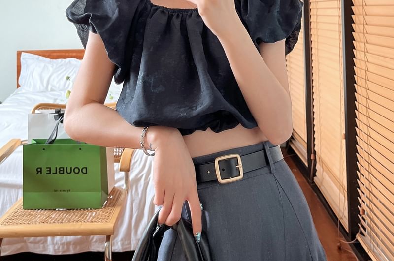 Plain Off Blouse Puff-Sleeve Crop Shoulder