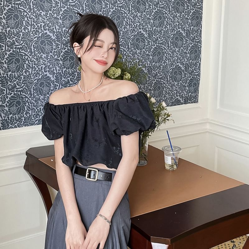 Plain Off Blouse Puff-Sleeve Crop Shoulder