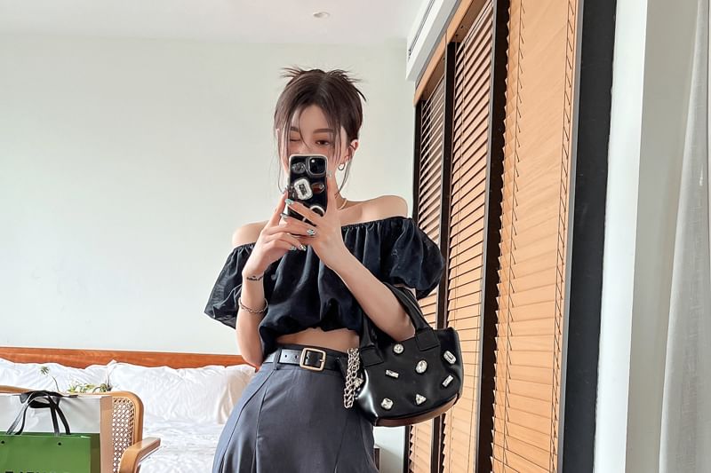 Plain Off Blouse Puff-Sleeve Crop Shoulder