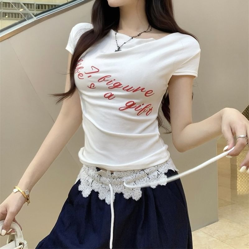 / Lace Wide Short-Sleeve Pants Lettering Leg Waistband T-Shirt