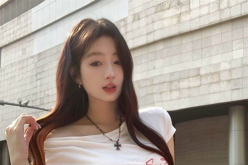 / Lace Wide Short-Sleeve Pants Lettering Leg Waistband T-Shirt