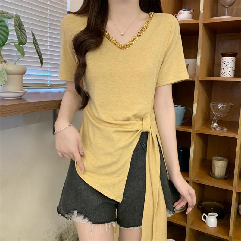 Top V-Neck Plain Short-Sleeve Lace Trim Asymmetrical