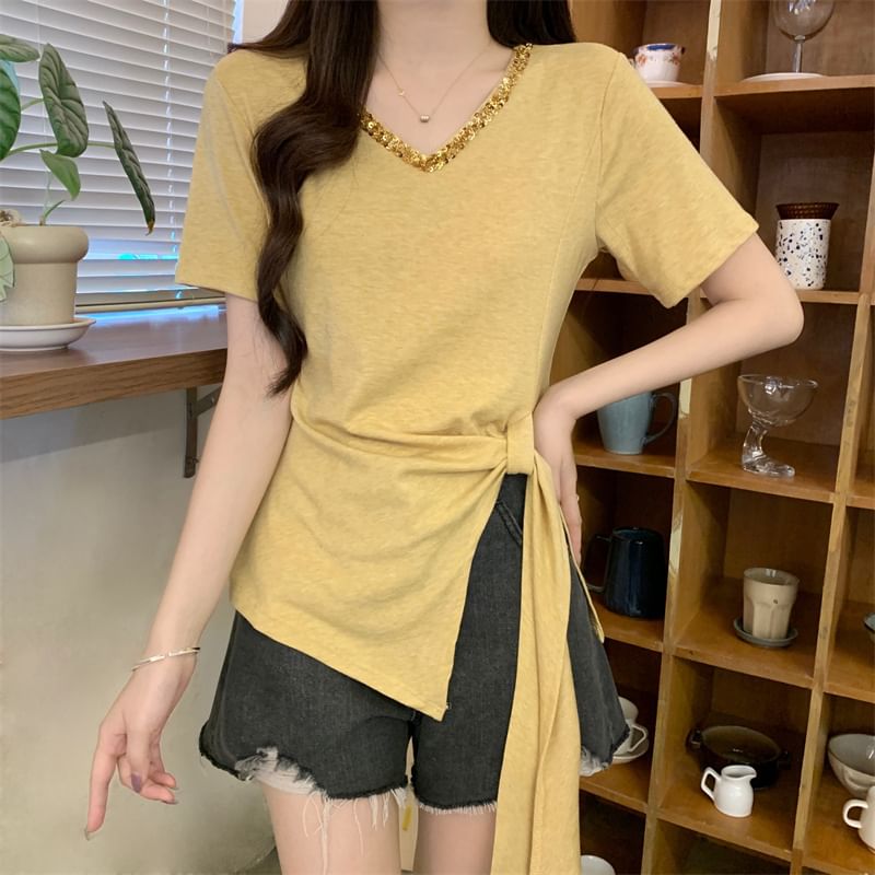 Top V-Neck Plain Short-Sleeve Lace Trim Asymmetrical