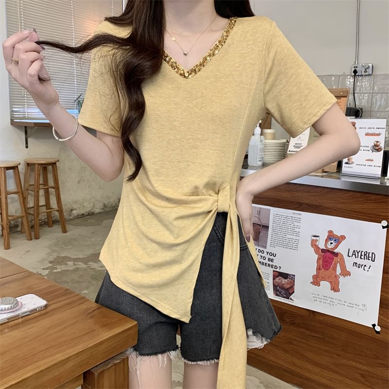 Top V-Neck Plain Short-Sleeve Lace Trim Asymmetrical