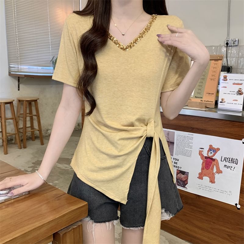 Top V-Neck Plain Short-Sleeve Lace Trim Asymmetrical