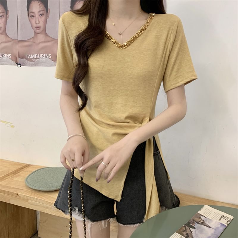 Top V-Neck Plain Short-Sleeve Lace Trim Asymmetrical