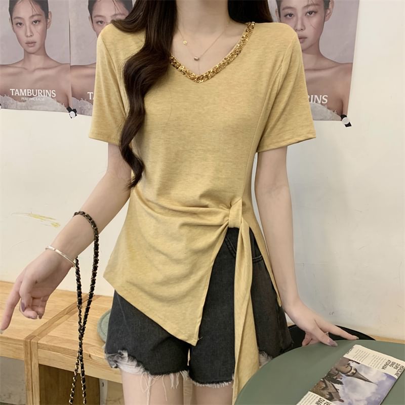 Top V-Neck Plain Short-Sleeve Lace Trim Asymmetrical