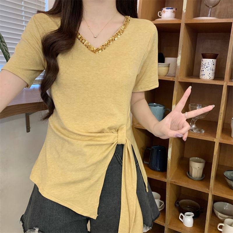 Top V-Neck Plain Short-Sleeve Lace Trim Asymmetrical