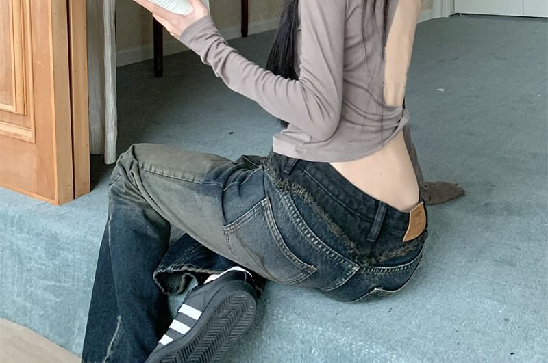 Shoulder Crop Long-Sleeve Plain Top Off