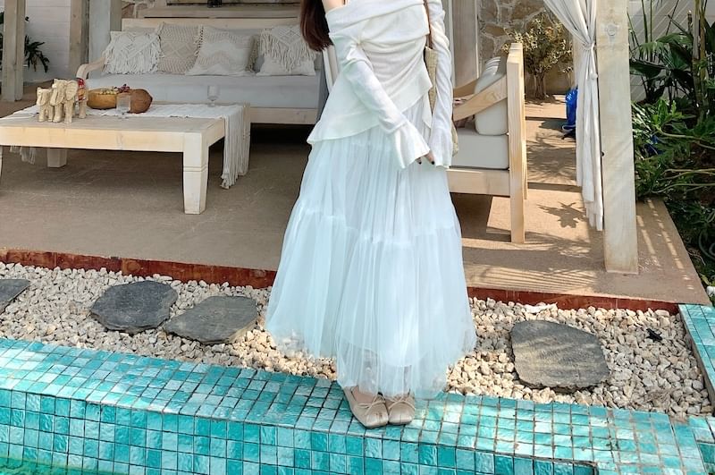 High Skirt Long-Sleeve Plain Rise Maxi Two-Piece A-Line Mock Top /