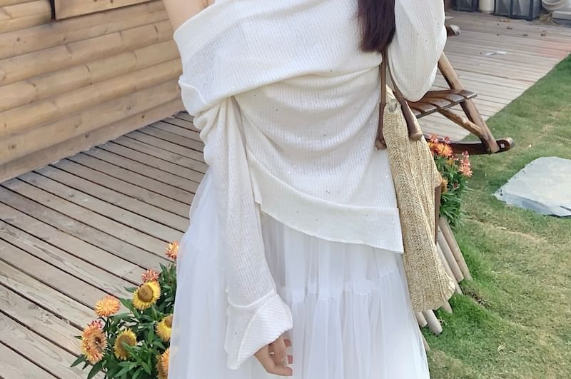 High Skirt Long-Sleeve Plain Rise Maxi Two-Piece A-Line Mock Top /