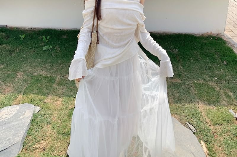 High Skirt Long-Sleeve Plain Rise Maxi Two-Piece A-Line Mock Top /