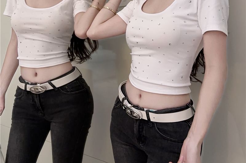 Square Plain Short-Sleeve T-Shirt Crop Rhinestone Neck