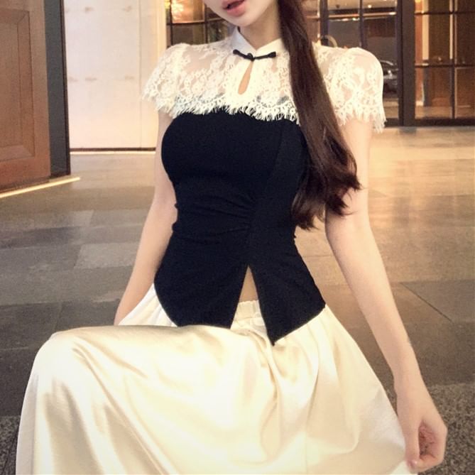 Asymmetrical Skirt Maxi / High Two Waist A-Line Top Tone Short-Sleeve