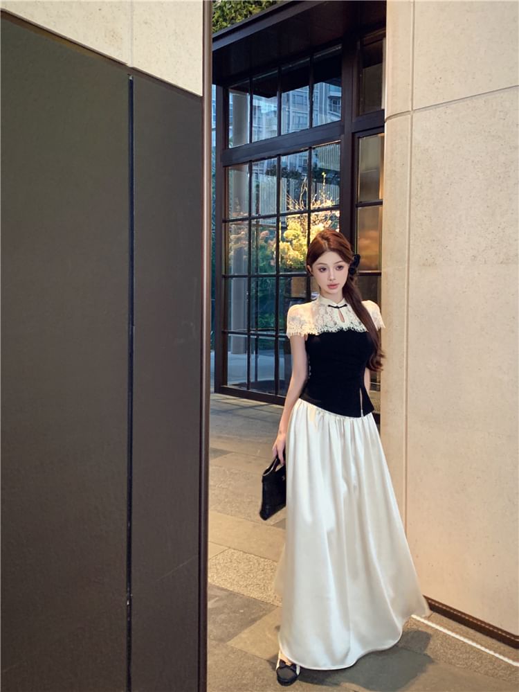 Asymmetrical Skirt Maxi / High Two Waist A-Line Top Tone Short-Sleeve