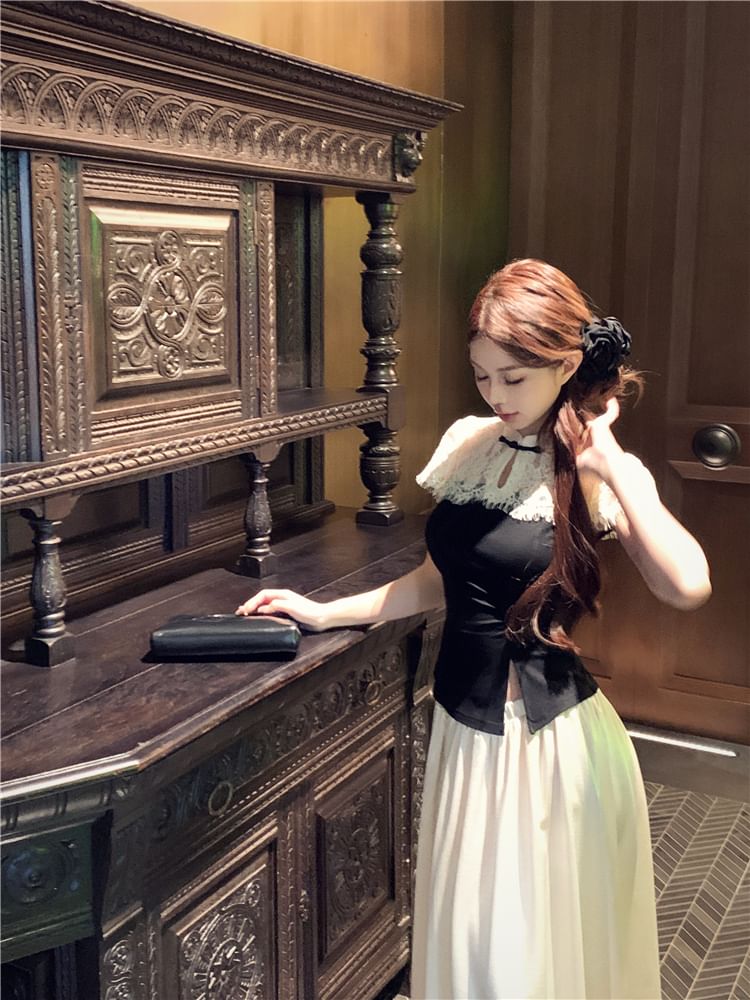 Asymmetrical Skirt Maxi / High Two Waist A-Line Top Tone Short-Sleeve