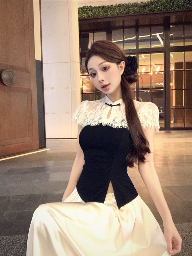 Asymmetrical Skirt Maxi / High Two Waist A-Line Top Tone Short-Sleeve