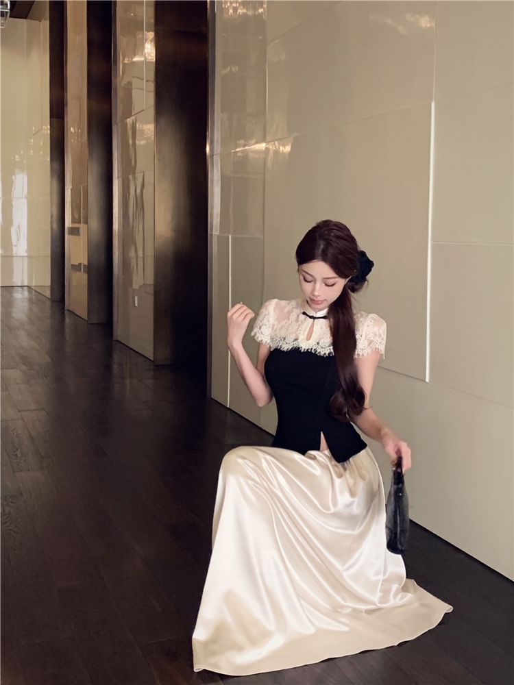 Asymmetrical Skirt Maxi / High Two Waist A-Line Top Tone Short-Sleeve