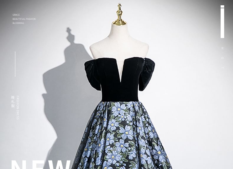 Set: Arm Jacquard Floral Evening A-Line Strapless + Sleeves Gown