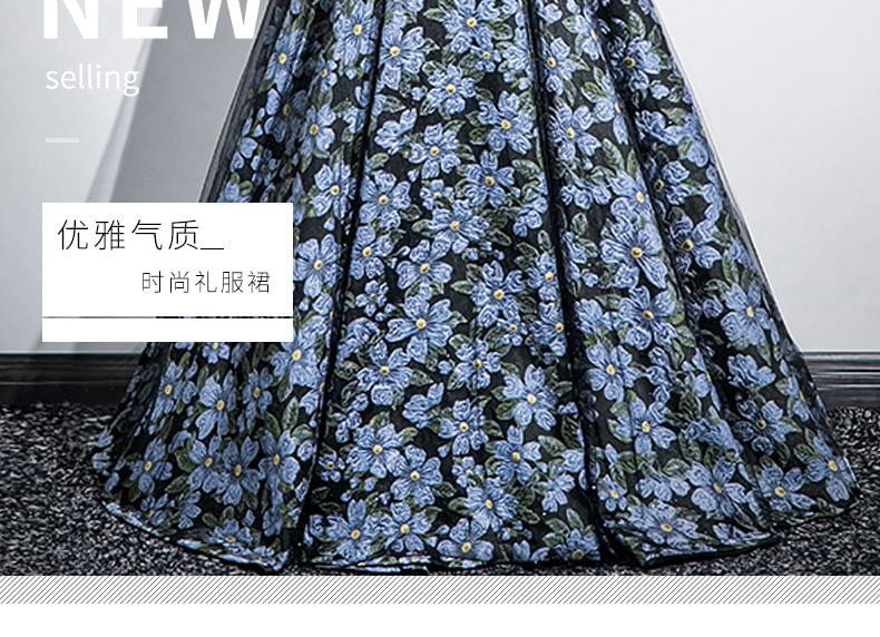 Set: Arm Jacquard Floral Evening A-Line Strapless + Sleeves Gown