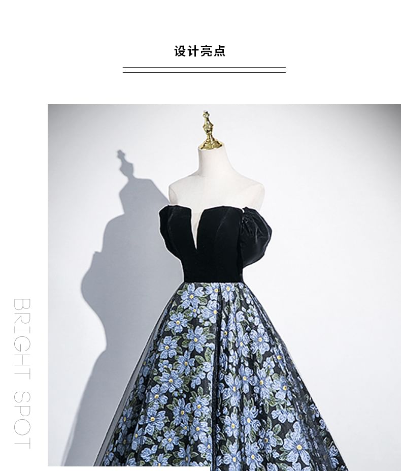 Set: Arm Jacquard Floral Evening A-Line Strapless + Sleeves Gown