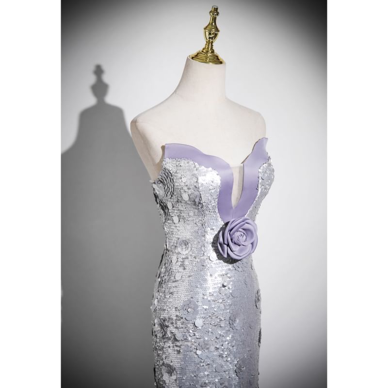 Gown Sequin Floral Evening Mermaid Strapless Accent