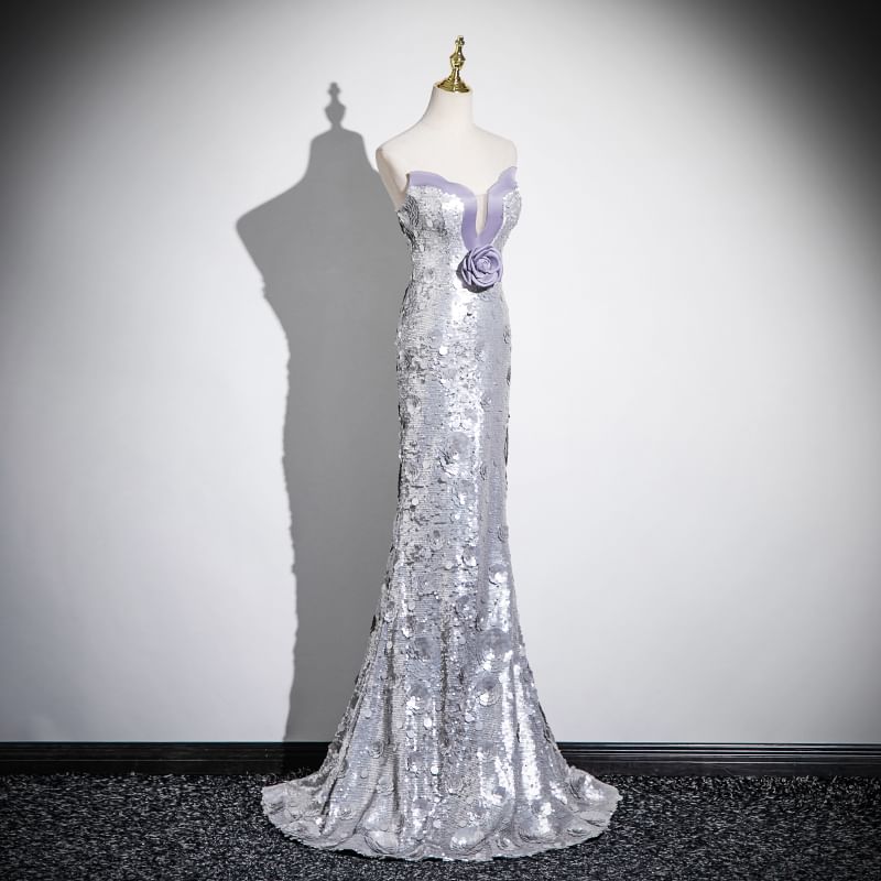 Gown Sequin Floral Evening Mermaid Strapless Accent