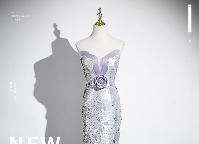 Gown Sequin Floral Evening Mermaid Strapless Accent