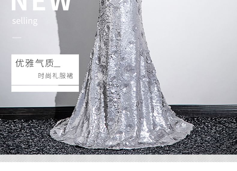 Gown Sequin Floral Evening Mermaid Strapless Accent