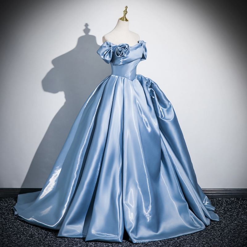 Short-Sleeve Floral Off-Shoulder Gown Ball Plain Accent