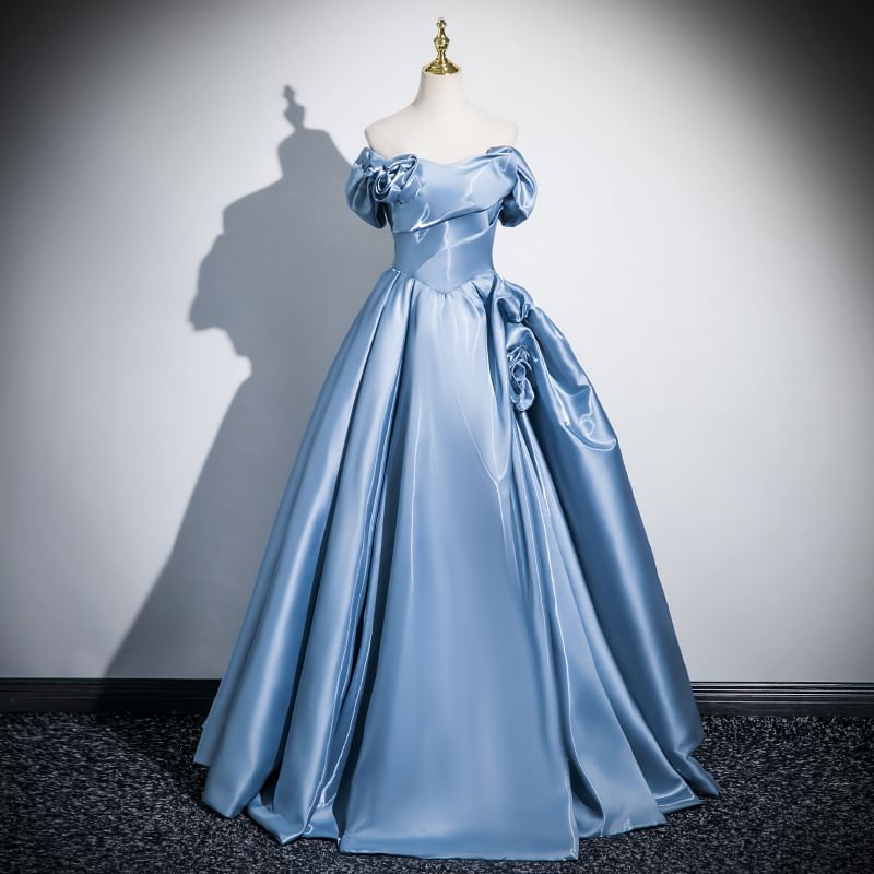 Short-Sleeve Floral Off-Shoulder Gown Ball Plain Accent