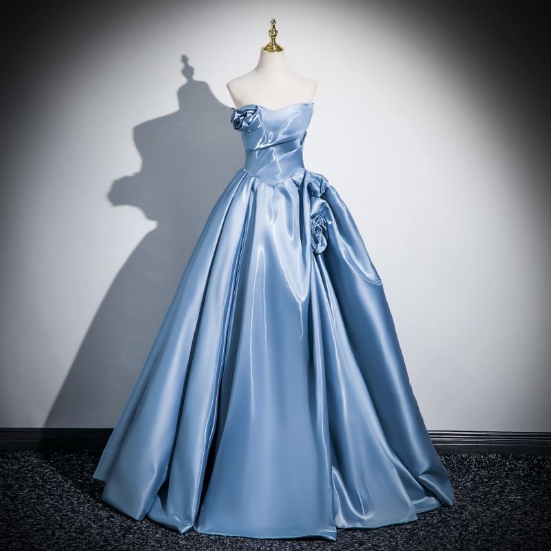 Short-Sleeve Floral Off-Shoulder Gown Ball Plain Accent