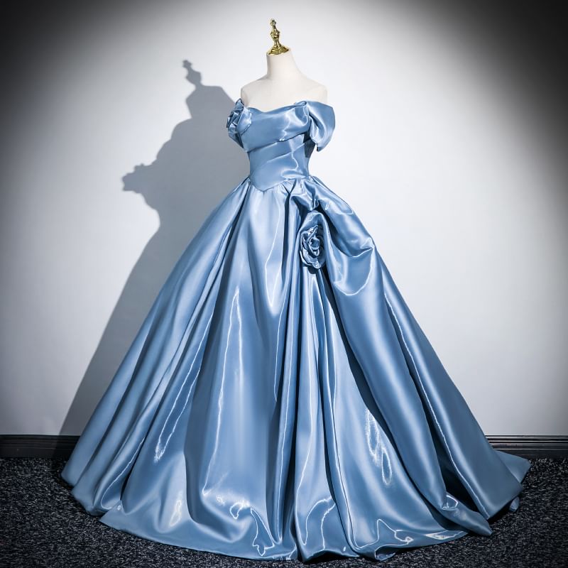 Short-Sleeve Floral Off-Shoulder Gown Ball Plain Accent